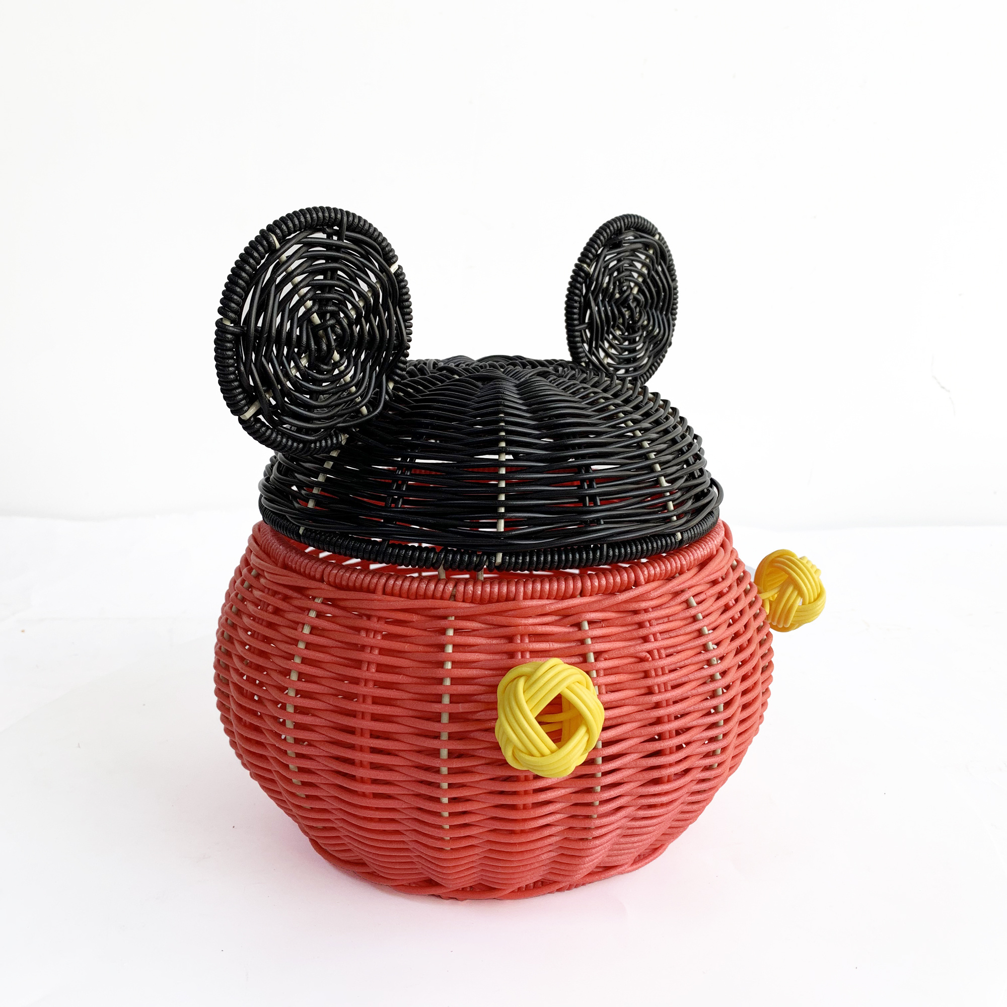 XH Mickey Plastic Rattan Resin Wicker Storage Basket with Lid Decorative Bin Home Decor Cute Handmade Handcrafted Gift Art