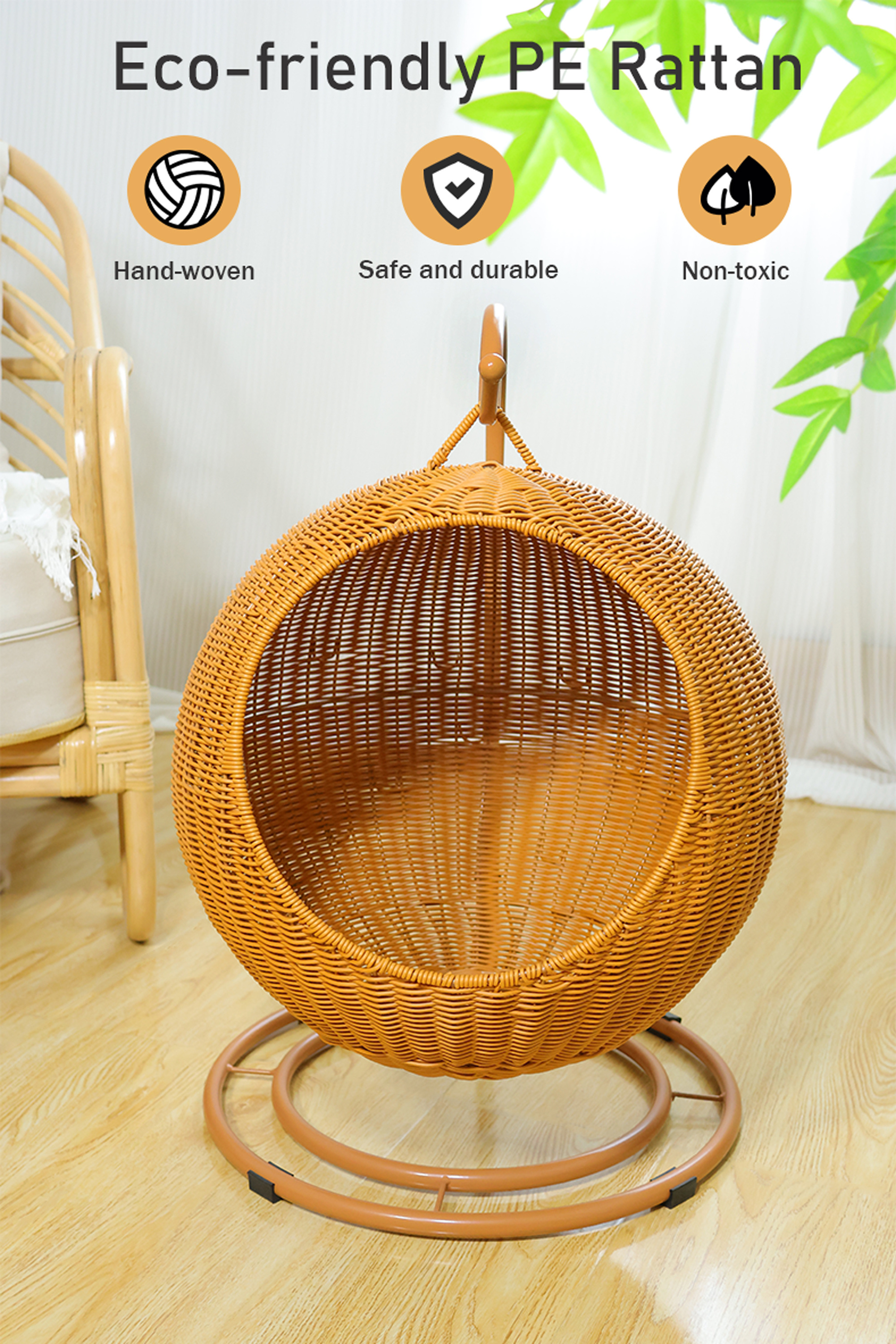 XH Novelty Plastic rattan Handwoven Hanging Hammock Egg Lounge Chair Pet cage Soft Deep Cushion with Hammock Stand for Cat Dog