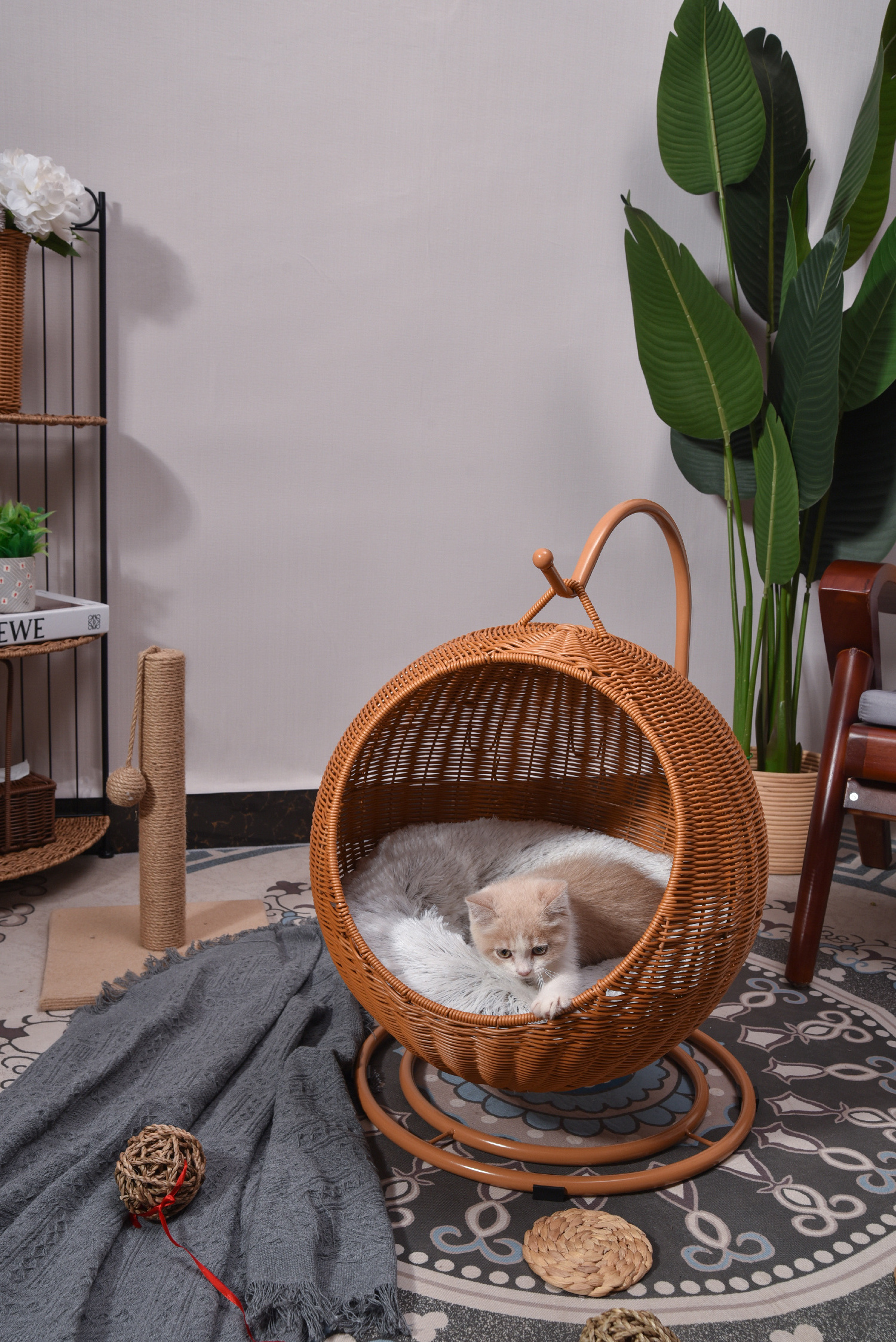 XH Novelty Plastic rattan Woven Hanging Hammock Egg Chair Lounge Chair Soft Deep Cushion with Hammock Stand for Pet cage Cat Dog