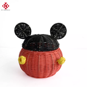 XH Mickey Plastic Rattan Resin Wicker Storage Basket with Lid Decorative Bin Home Decor Cute Handmade Handcrafted Gift Art