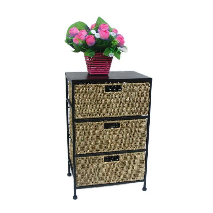 XH organizer household durable water hyacinth woven storage horizontal cabinet 3-drawer Nightstand Fabric Storage Tower