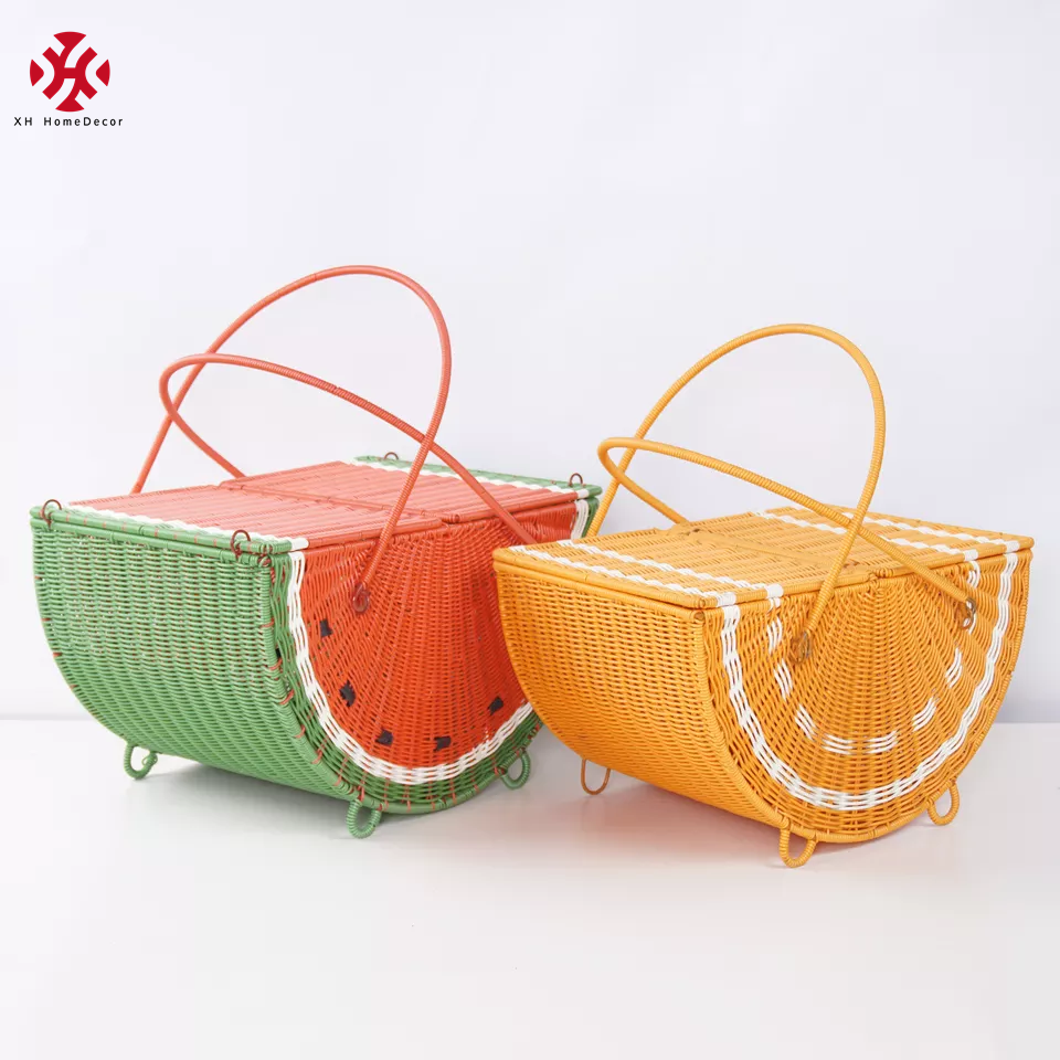 XH Wholesale Portable Large Size Rectangle Watermelon with Swing Handle and lid handmade Resin Wicker rattan woven Picnic Basket