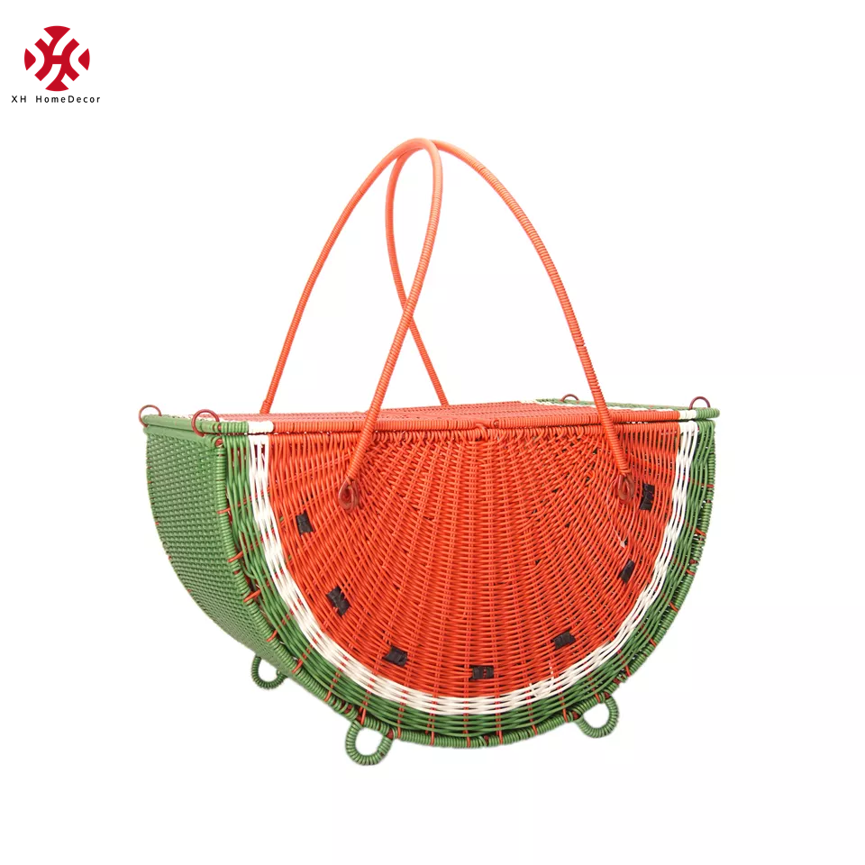 XH Wholesale Portable Large Size Rectangle Watermelon with Swing Handle and lid handmade Resin Wicker rattan woven Picnic Basket