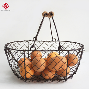 XH wholesale mini size folk art farm home durable black wire iron chicken egg storage basket with wood handle