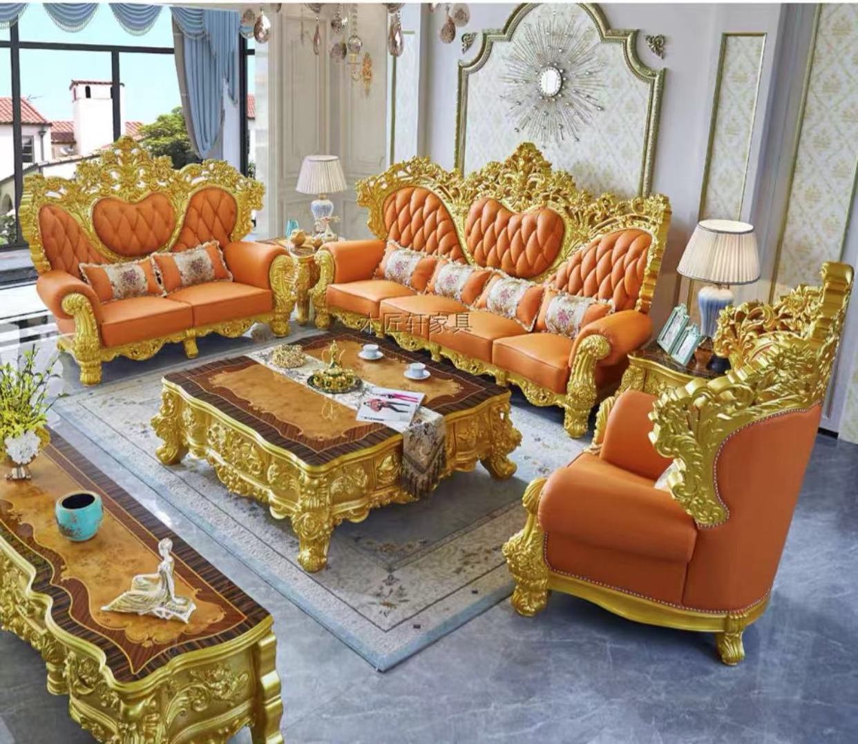 European high-end sofa solid wood leather luxury villa large living room furniture French court combination sofa