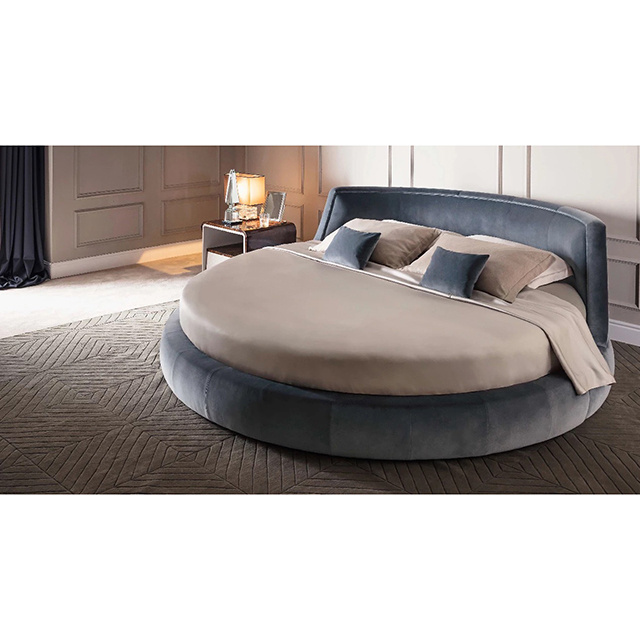 King Size Velvet Luxury Double Round Bed Blue Fabric Circle Beds Love Modern Hotel Bedroom Furniture