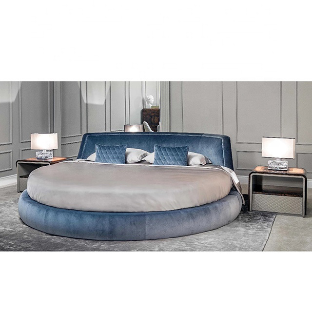 King Size Velvet Luxury Double Round Bed Blue Fabric Circle Beds Love Modern Hotel Bedroom Furniture