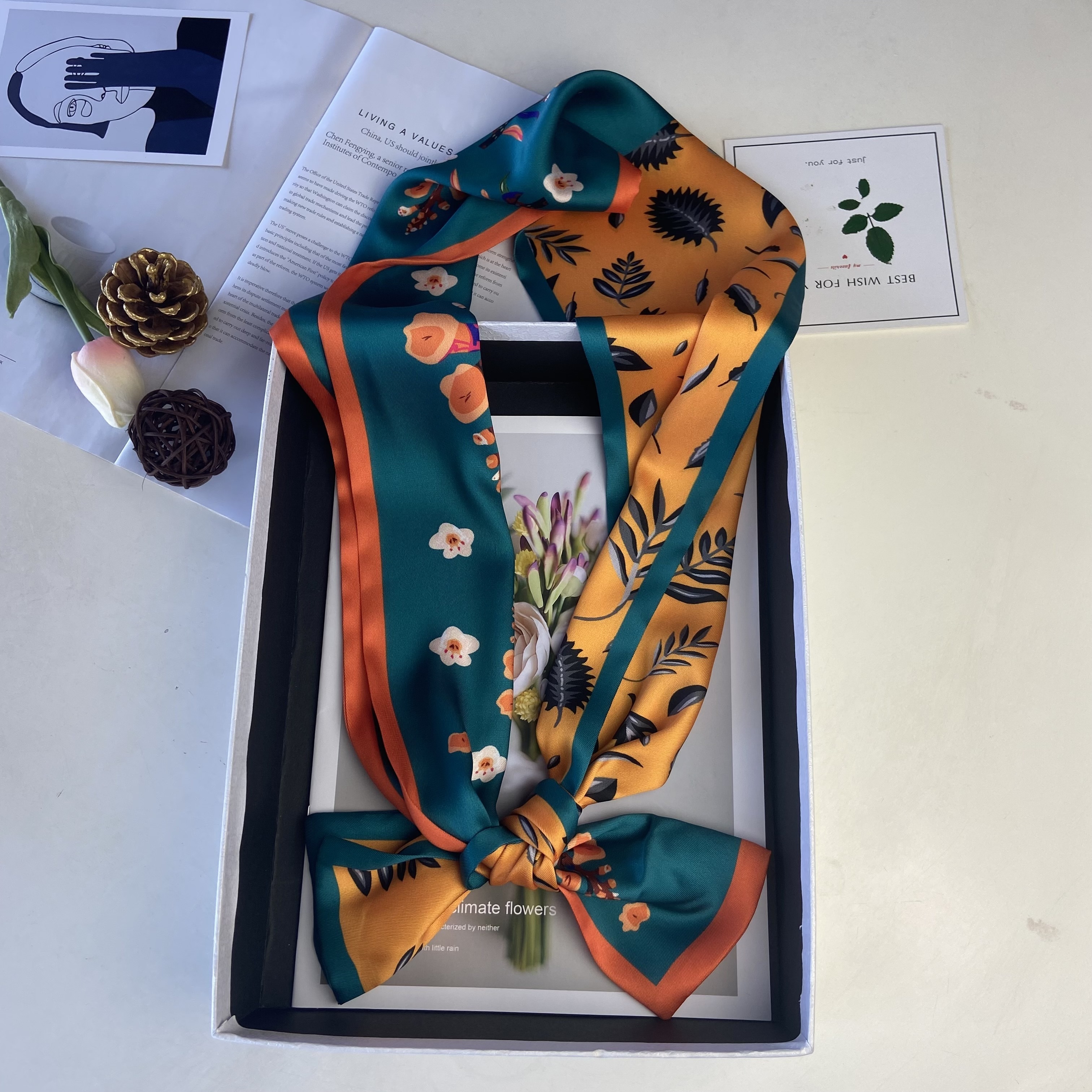 Women Custom Printed Satin Neck Scarf Narrow Scarves Hair Accessories Wholesale Tied Handle Bag Silk Scarf