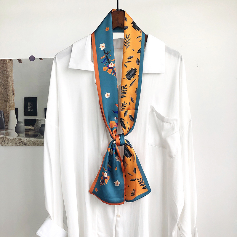 Women Custom Printed Satin Neck Scarf Narrow Scarves Hair Accessories Wholesale Tied Handle Bag Silk Scarf