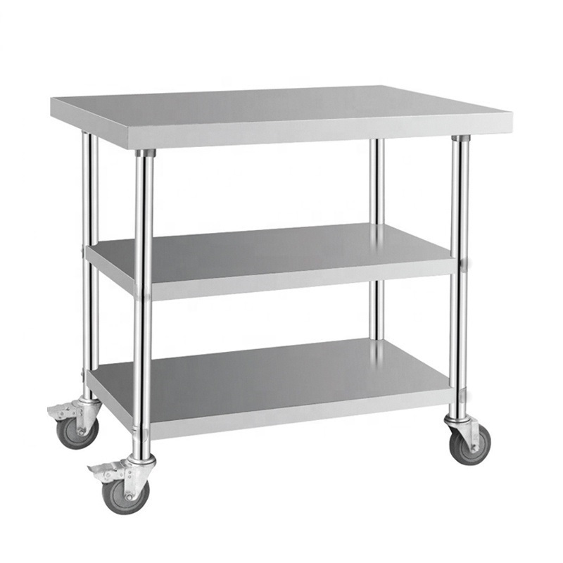 3 Layers Restaurant Kitchen Stainless Steel Prep Table Movable Work Table with Castors