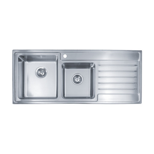 SUS304 Above Counter Kitchen Sinks Basin Double Bowl Stainless Steel Sink With Drainboard