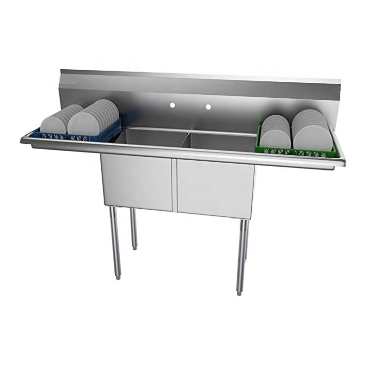 Economy Stainless Steel Free Standing Fabricated Bowl Dishwashing 2 Two Compartment Scullery Sink