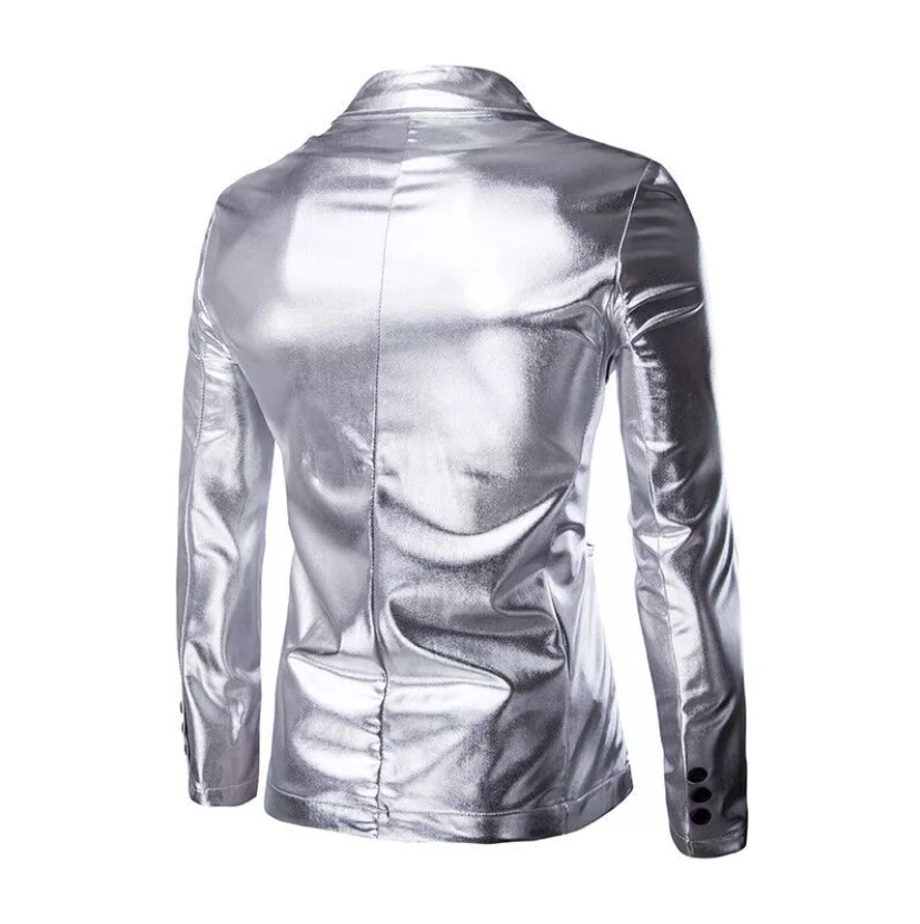 Mens Faux Leather Metallic Shiny Suit Jacket Two-button Coat Top Men's party suit