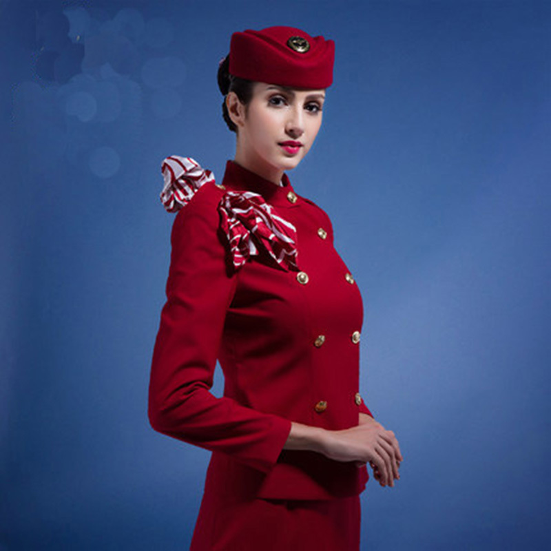 cotton/poly ladies airline uniform skirt suit stewardess uniform with hat and scarves