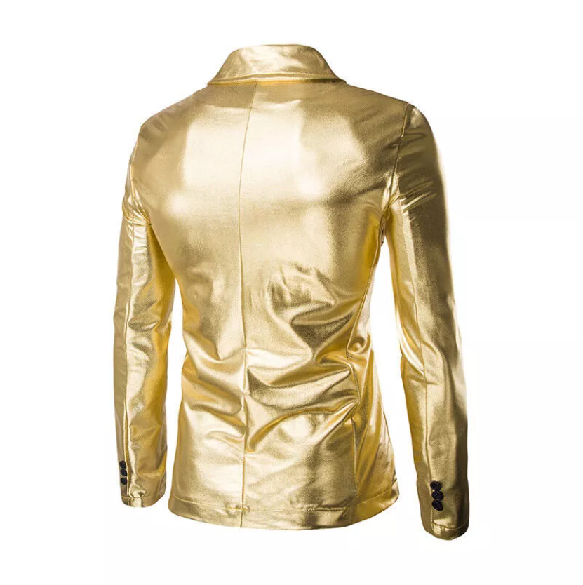 Mens Faux Leather Metallic Shiny Suit Jacket Two-button Coat Top Men's party suit