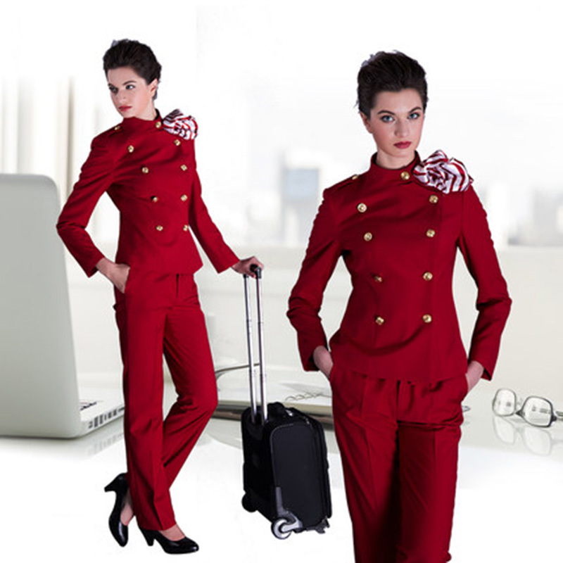 cotton/poly ladies airline uniform skirt suit stewardess uniform with hat and scarves