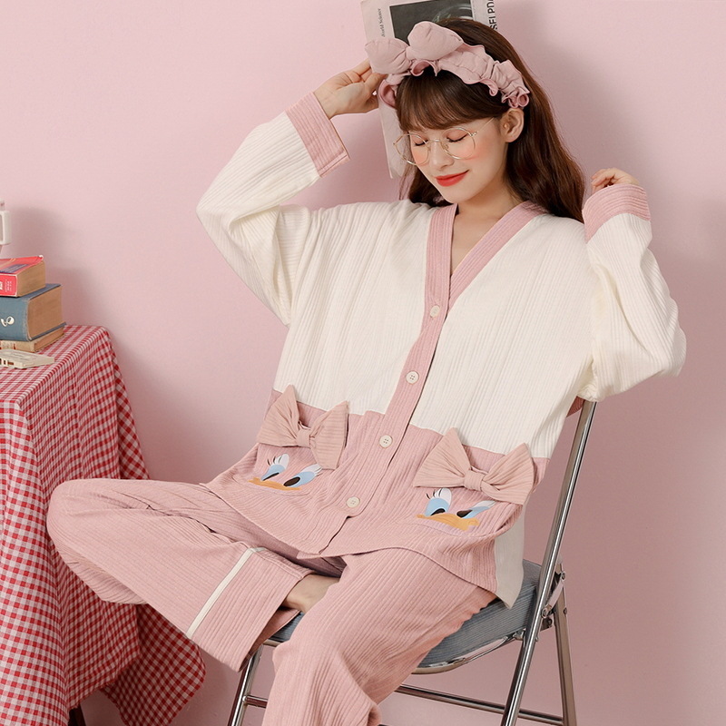 Waffle pajamas women's long-sleeved spring and autumn pink cute wind winter cotton homewear suit