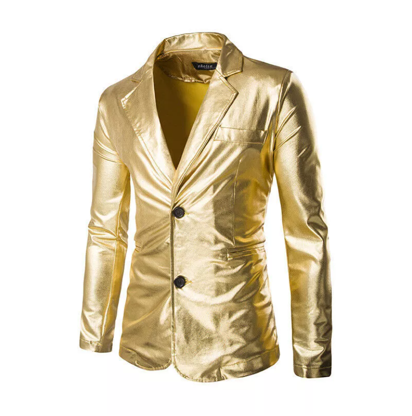 Mens Faux Leather Metallic Shiny Suit Jacket Two-button Coat Top Men's party suit