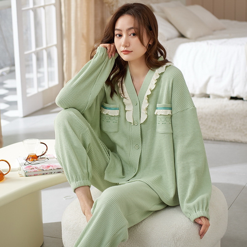 Waffle pajamas women's long-sleeved spring and autumn pink cute wind winter cotton homewear suit