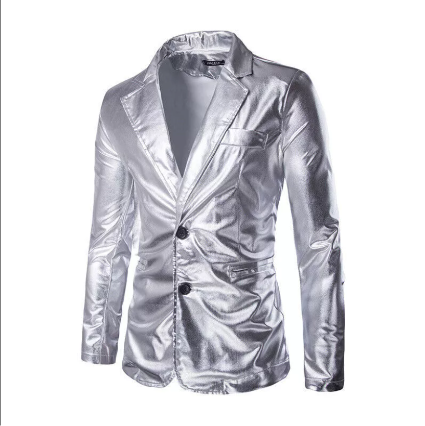 Mens Faux Leather Metallic Shiny Suit Jacket Two-button Coat Top Men's party suit