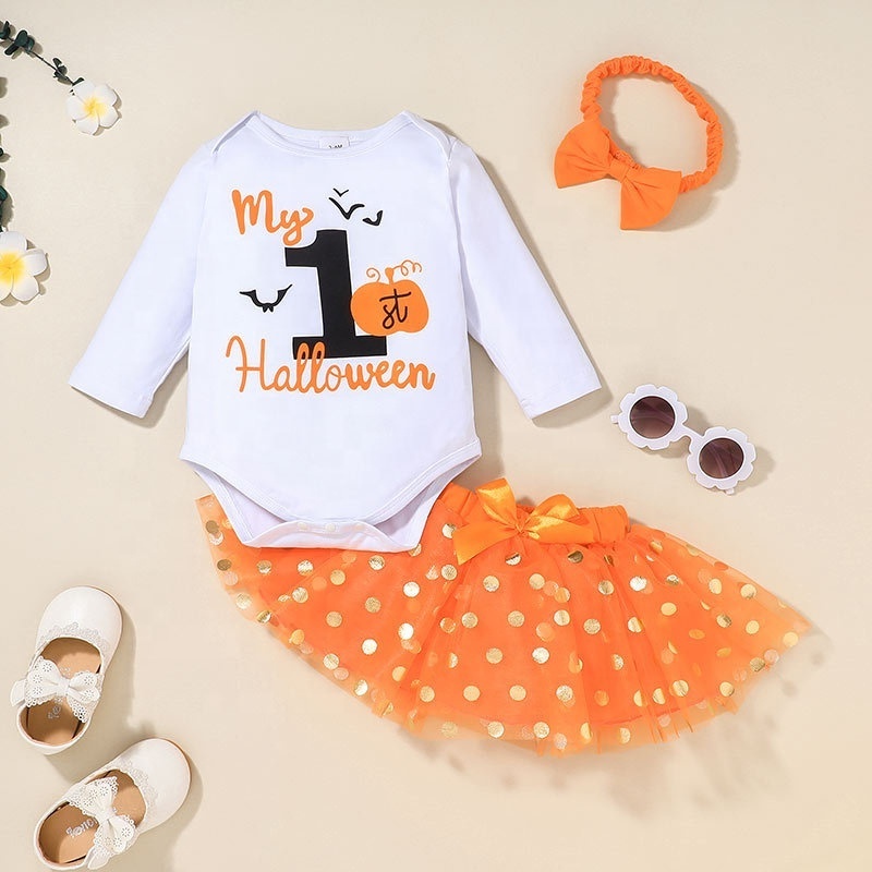 My 1st Halloween 3 Piece Set Cute Pumpkin Long Sleeve Romper + Mesh Skirt Headband Set Baby Girls Halloween Costumes