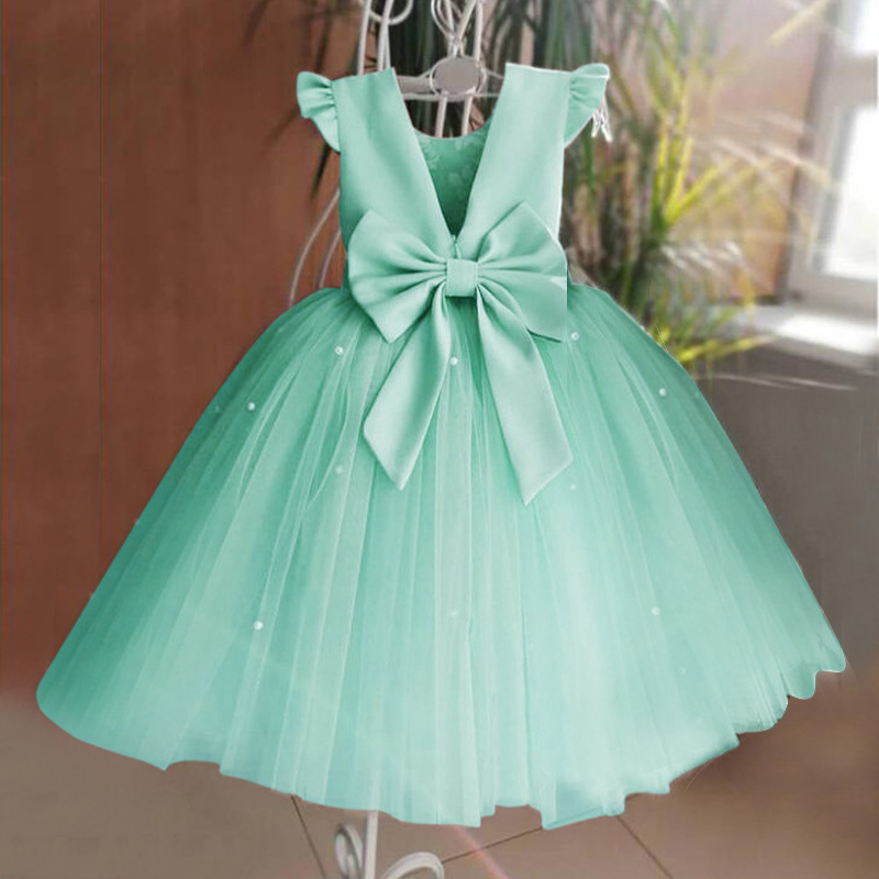 Green Horizon summer ball gown kid girl clothing sleeveless girl satin tulle birthday party backless princess dress