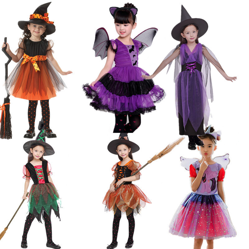 Kids Halloween Witch Vampire Magician Costume Carnival Cosplay Dress with Hat or Wings Set Girls Witches Halloween Costumes