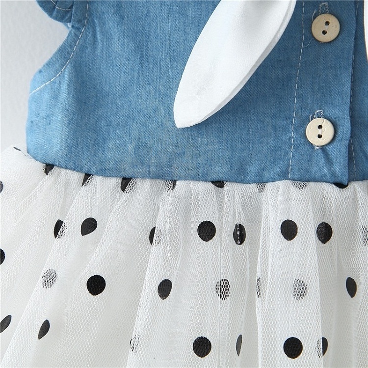 Children's Summer Clothing Girl Party Dresses Denim Bow Tie Stitching Polka Dot Dress With Hat Toddler Baby Girls Mesh Dress