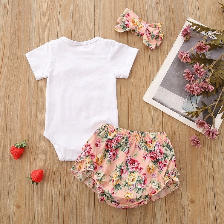 Summer Wholesale Baby Set Romper + Ruffles Tutu Skirted Shorts + Sequins Headband Outfits Newborn Baby Girl Clothes Sets