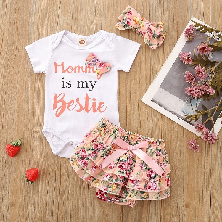 Summer Wholesale Baby Set Romper + Ruffles Tutu Skirted Shorts + Sequins Headband Outfits Newborn Baby Girl Clothes Sets