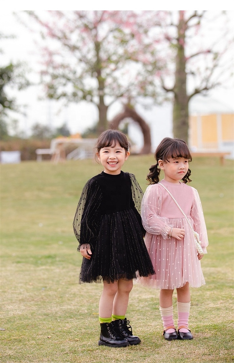 Toddler Girls Spring Autumn Knitted Patchwork Gauze Skirt Bubble Sleeve Dress Long Sleeve Tulle Princess Dress for Kids Full