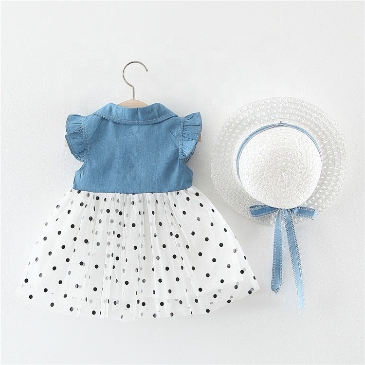 Children's Summer Clothing Girl Party Dresses Denim Bow Tie Stitching Polka Dot Dress With Hat Toddler Baby Girls Mesh Dress