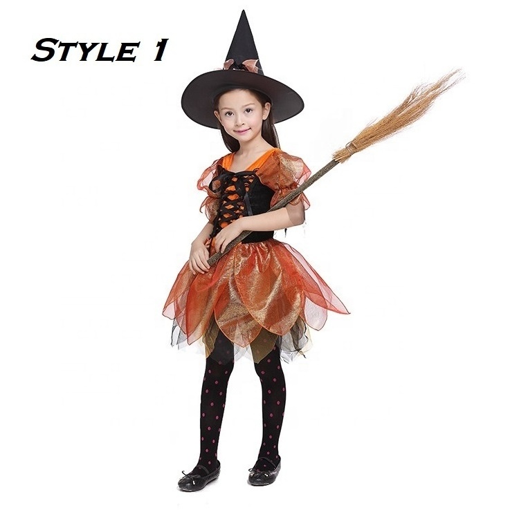 Kids Halloween Witch Vampire Magician Costume Carnival Cosplay Dress with Hat or Wings Set Girls Witches Halloween Costumes