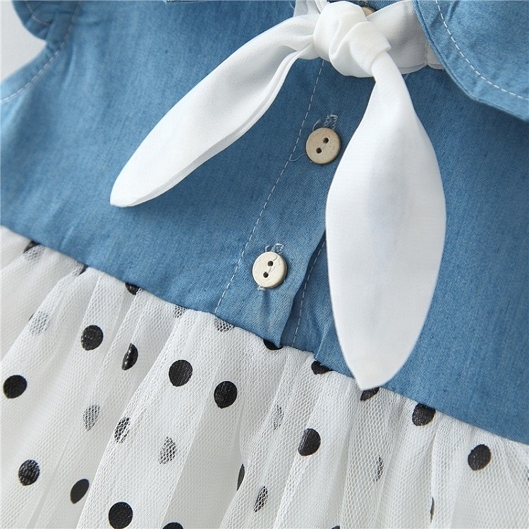 Children's Summer Clothing Girl Party Dresses Denim Bow Tie Stitching Polka Dot Dress With Hat Toddler Baby Girls Mesh Dress