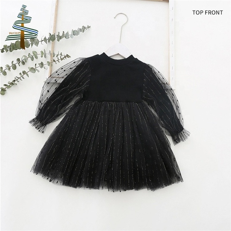 Toddler Girls Spring Autumn Knitted Patchwork Gauze Skirt Bubble Sleeve Dress Long Sleeve Tulle Princess Dress for Kids Full