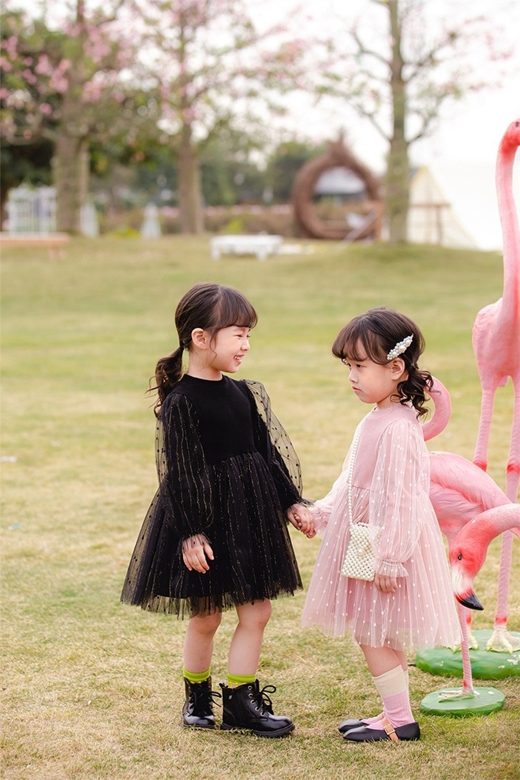 Toddler Girls Spring Autumn Knitted Patchwork Gauze Skirt Bubble Sleeve Dress Long Sleeve Tulle Princess Dress for Kids Full