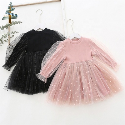 Toddler Girls Spring Autumn Knitted Patchwork Gauze Skirt Bubble Sleeve Dress Long Sleeve Tulle Princess Dress for Kids Full