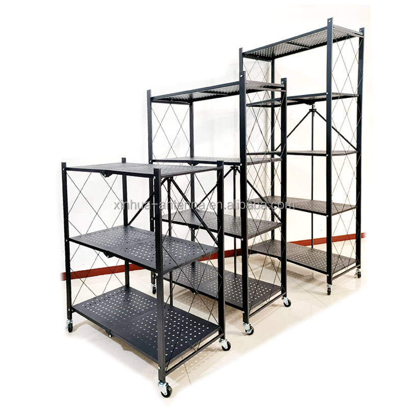 3 Tier Foldable Furniture Metal Shelves Heavy Duty Shelf Kitchen Garage Organizer Storage Shelving Holders Rack with Wheels