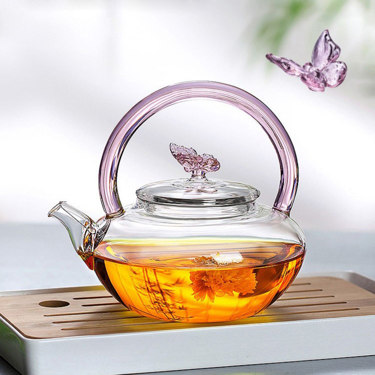 39Years Factory Glass Teapot With Pink Lift Handle Microwave & Dishwasher Safe High Borosilicate Tea Kettle 700ml