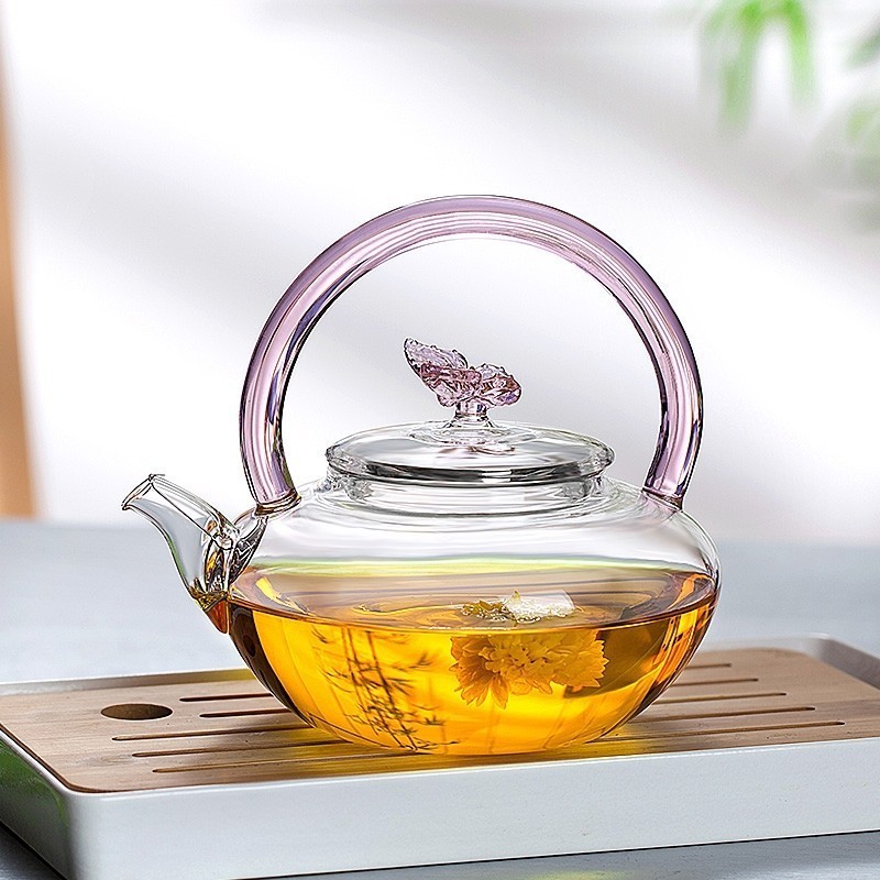 39Years Factory Glass Teapot With Pink Lift Handle Microwave & Dishwasher Safe High Borosilicate Tea Kettle 700ml