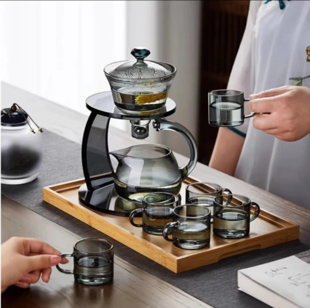 Glass Tea Pot Set Magnetic Water Diversion Rotating Cover Bowl Semi_Automatic Tea Maker Lazy Kungfu Drip TeaPot