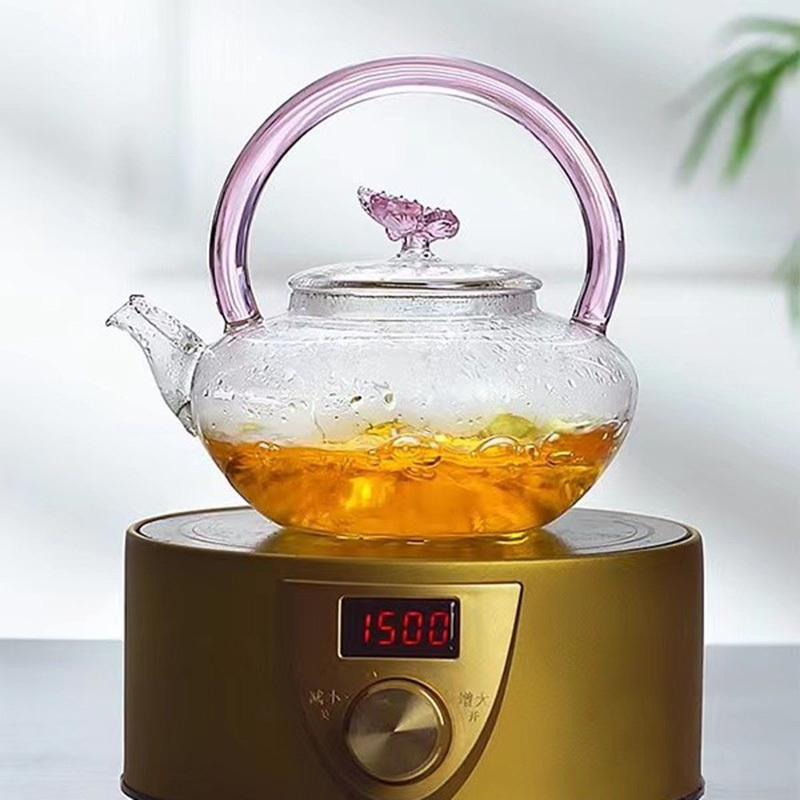 39Years Factory Glass Teapot With Pink Lift Handle Microwave & Dishwasher Safe High Borosilicate Tea Kettle 700ml