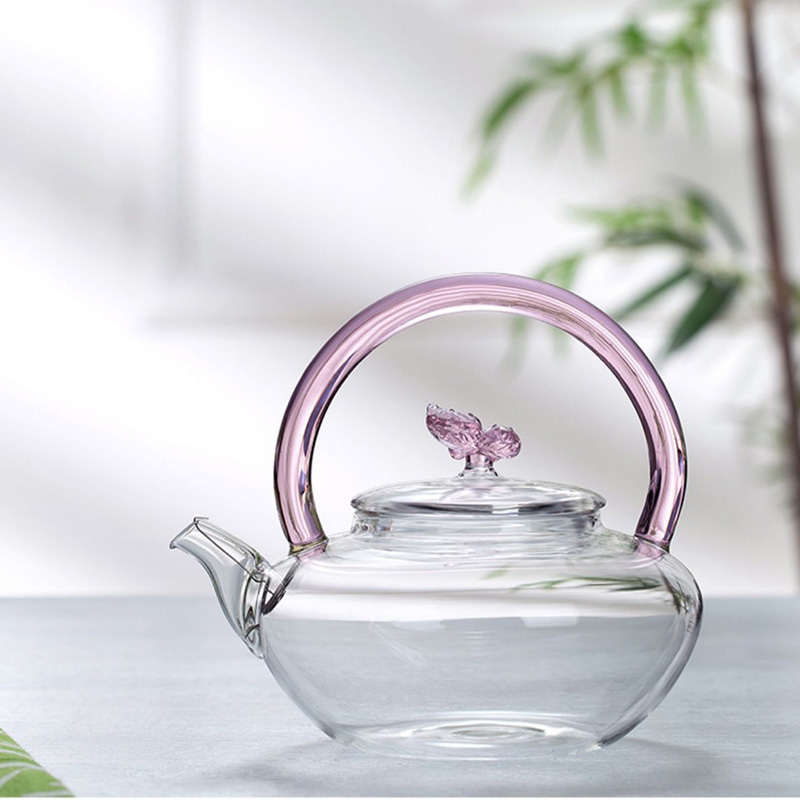 39Years Factory Glass Teapot With Pink Lift Handle Microwave & Dishwasher Safe High Borosilicate Tea Kettle 700ml