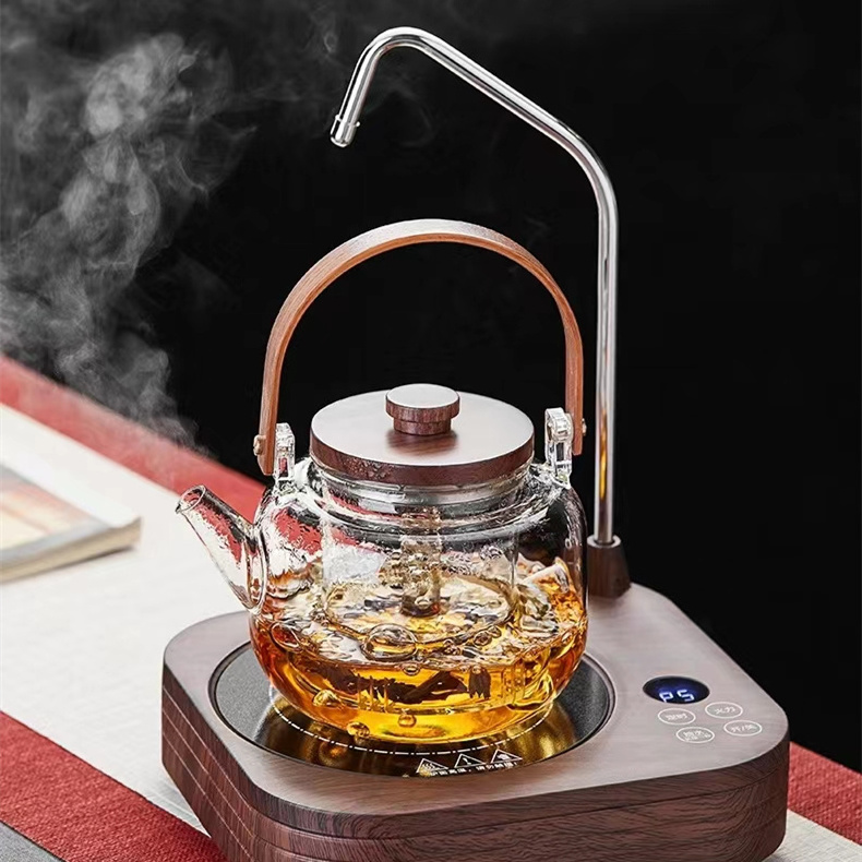 Simple heat-resistant transparent glass teapot household kettle with handle and Acacia cover