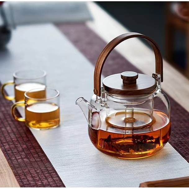 Simple heat-resistant transparent glass teapot household kettle with handle and Acacia cover