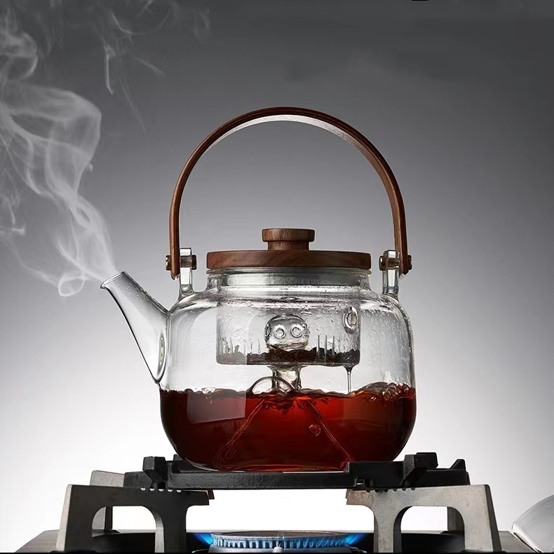 Simple heat-resistant transparent glass teapot household kettle with handle and Acacia cover