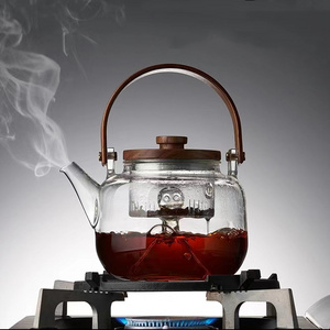 Simple heat-resistant transparent glass teapot household kettle with handle and Acacia cover