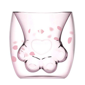 39Years Factory Cute Cat Claw Glass Milk Mugs Customize Available Cartoon Double Walled Glass Cup