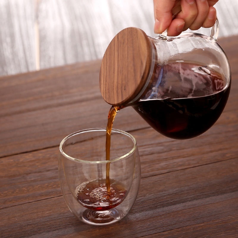 Round shape  walnut lid heat resistant glass coffee share pot