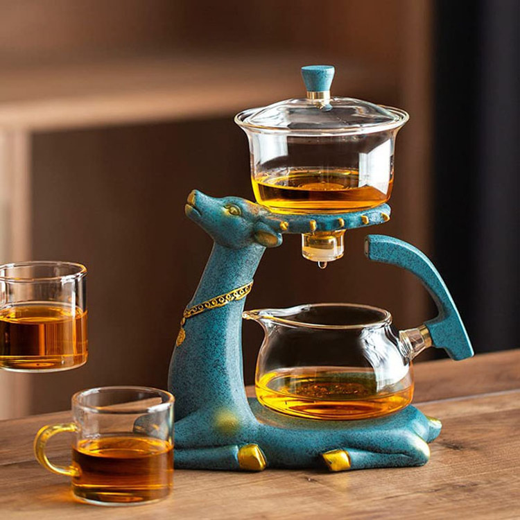 39Years Factory Blue Deer Style Glass Teapot Heat Resistant Glass Tea Set Magnetic Water Diversion Clear Glass Teapot